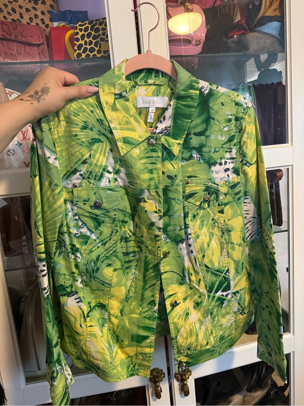 Vintage Escada Green Floral Tote with Cream Heart Patch